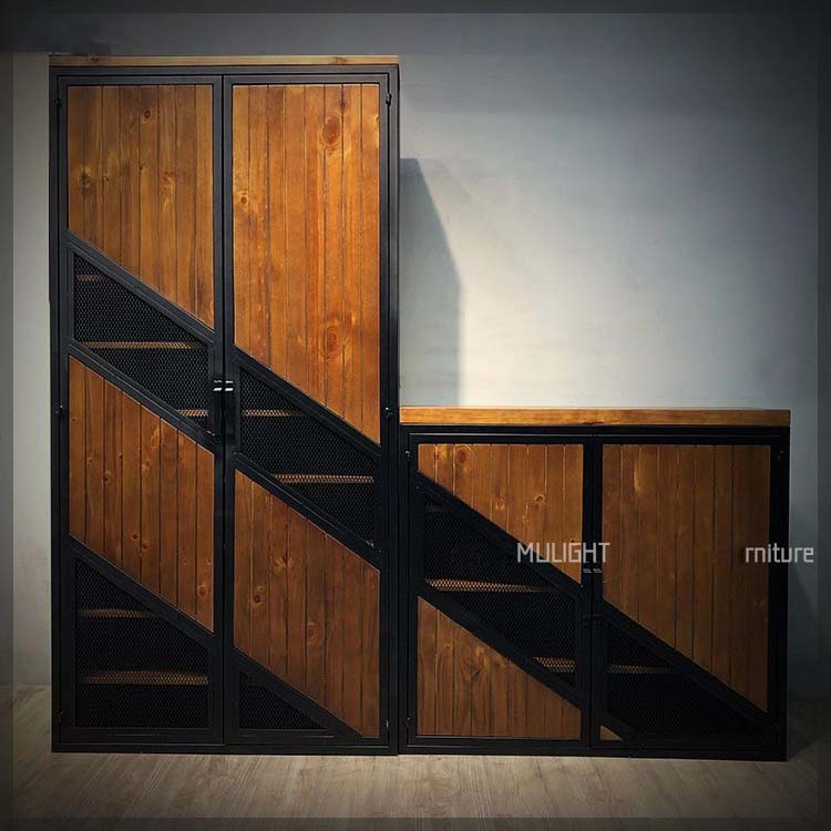 工业风美式实木铁艺鞋柜书柜客厅简约落地多层储物柜收纳柜文件柜