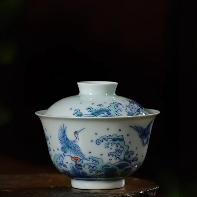 大益益工坊景德镇斗彩江崖海水仙鹤纹纯手绘高端两才盖碗140ml新