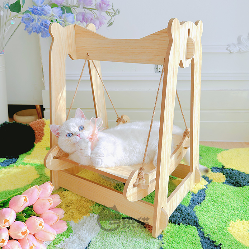 一织猫 猫咪实木秋千吊床 猫咪的悠闲午后 麻绳摇床摇椅躺椅家具