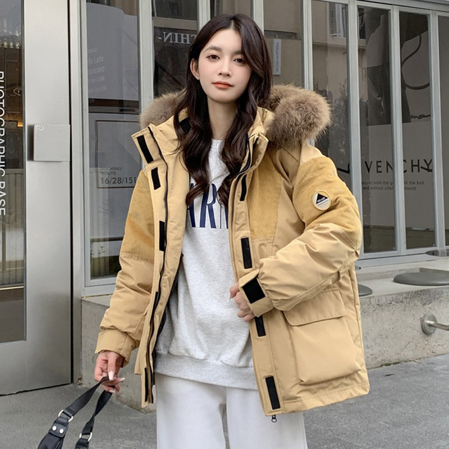莉尔派克服2025新款中长款羽绒服女情侣宽松冬季工装加厚外套毛领
