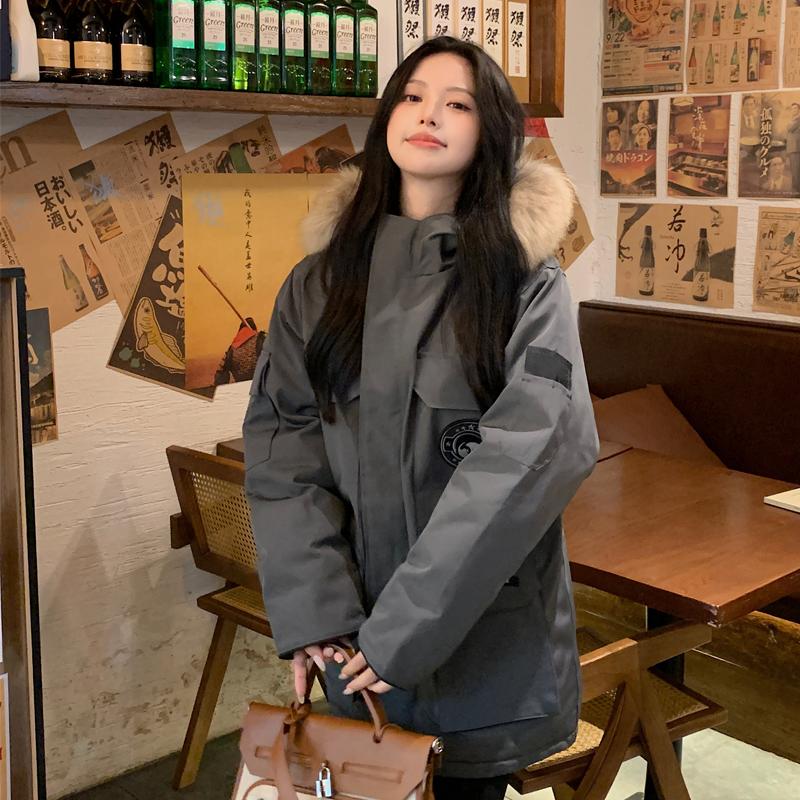 2025新款户外工装羽绒服女派克服石墨灰2大码加厚男女同款外套