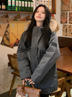 2025新款户外工装羽绒服女派克服石墨灰2大码加厚男女同款外套