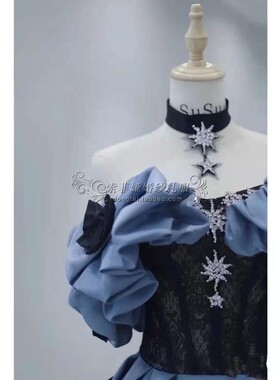 2023春高级礼服蓝色A裙摆蓬裙晚礼服蝴蝶结拖尾定制韩式抹胸