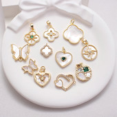 14K包金吊坠贝壳小锆石手链项链小挂件蝴蝶四叶草圆造型diy配件