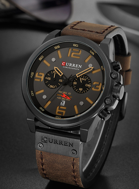 CURREN手表石英多功能男表秒表计时日历运动大表盘防水男士表学生