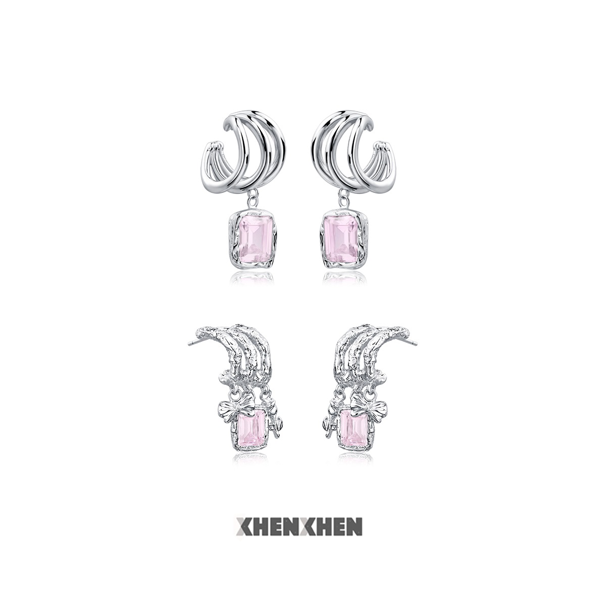 XHENXHEN玫瑰星云三抓三吊坠蝴蝶结玫瑰粉锆石耳钉/耳扣甜酷个性