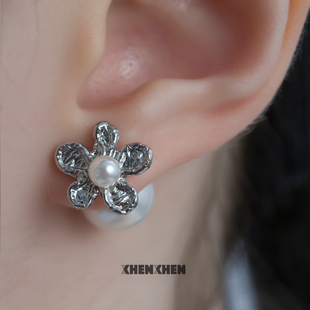 XHENXHEN小蕾丝系列蕾丝贝壳珍珠耳堵花耳钉原创设计耳夹情侣镀金