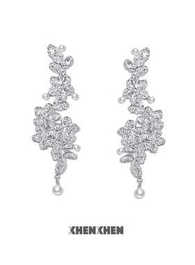XHENXHEN小蕾丝系列珍珠造型个性合金银色长耳环高级感原创设计