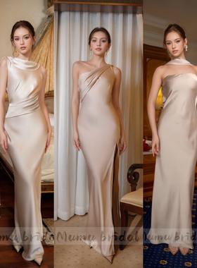 绝美香槟色缎面伴娘服日常高级小众姐妹服伴娘团伴娘裙生日礼服