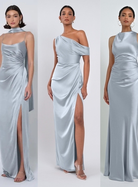 浅蓝色绸缎面伴娘服礼服法式气质显瘦高级感小众姐妹团伴娘裙夏季