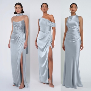 浅蓝色绸缎面伴娘服礼服法式 气质显瘦高级感小众姐妹团伴娘裙夏季