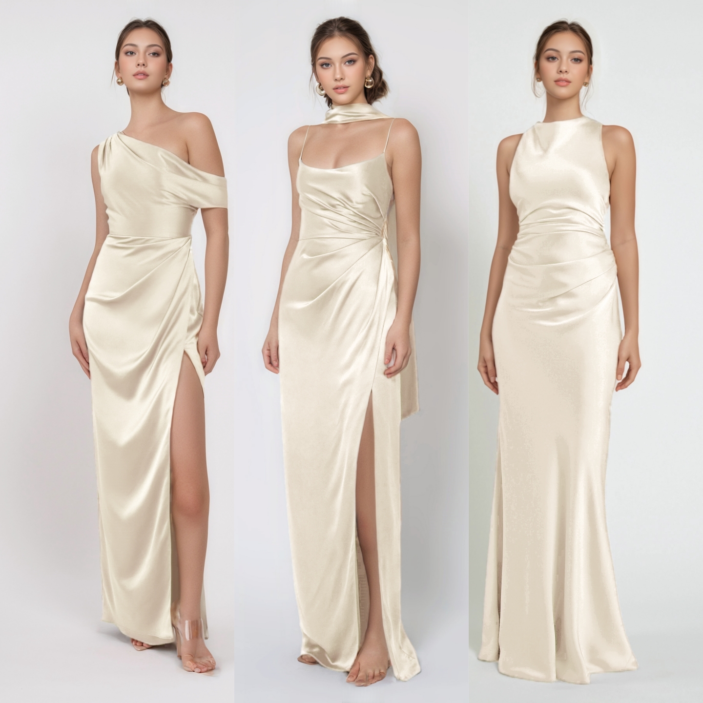 浅香槟色缎面伴娘服姐妹团礼服伴娘裙高级小众婚礼姐妹服伴娘团