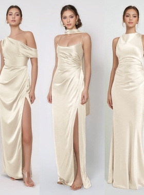 浅香槟色缎面伴娘服姐妹团礼服伴娘裙高级小众婚礼姐妹服伴娘团