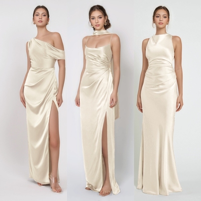 浅香槟色缎面伴娘服姐妹团礼服伴娘裙高级小众婚礼姐妹服伴娘团