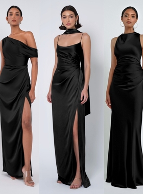 绝美气质黑色缎面伴娘服轻礼服修身开叉宴会高级感长款裙