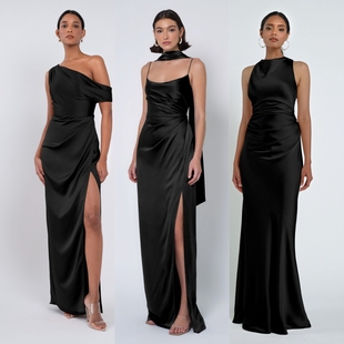 绝美气质黑色缎面伴娘服轻礼服修身 裙 开叉宴会高级感长款