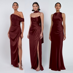 酒红色伴娘服新款 显瘦气质缎面伴娘团礼服生日宴会轻奢姐妹团裙