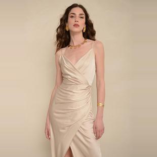 性感绝美香槟色缎面伴娘服礼服高级感显瘦深V鱼尾毕业典礼裙子