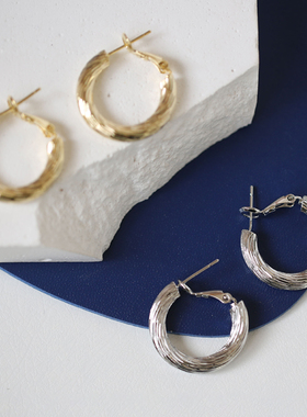 一枝橘  欧美简约通勤风金属耳环 小众纹理质感925银针圆环耳饰