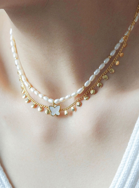 一枝橘 天然珍珠贝母项链轻奢高级感双层叠戴锁骨链女设计感颈链