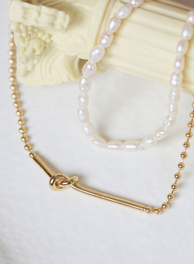 一枝橘 复古风叠戴混搭天然珍珠项链 独特小众打结金属锁骨链项链