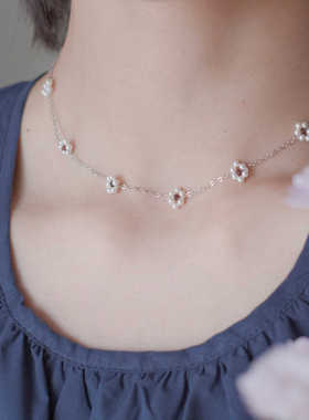 清新细链条一枝橘925银珍珠花朵