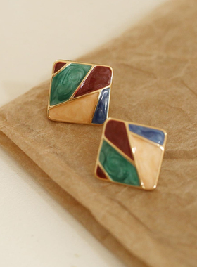 一枝橘荒野风景手工画制复古几何菱形拼接耳环耳夹夏季925银耳钉