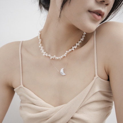 一枝橘天然淡水珍珠项链女异形月亮巴洛克珍珠颈链s925纯银锁骨链
