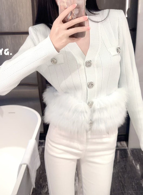 名媛轻奢狐狸毛V领长袖针织开衫女LXYG秋冬修身内搭毛衣小巴外套