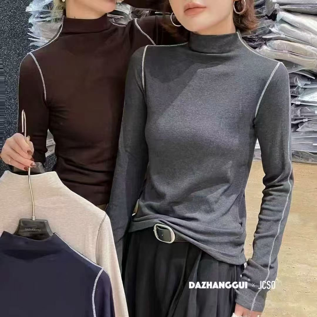 元熙9029加绒明线设计感半高领长袖打底衫女修身显瘦打底衫上衣冬