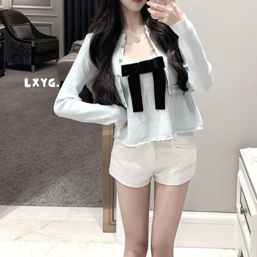 LXYG蝴蝶结设计吊带背心气质上衣套装显瘦针织开衫外套女穿搭秋装