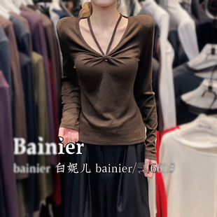 打底衫 BAI 纯欲设计感V领挂脖修身 ER661法式 女显瘦内搭上衣T恤
