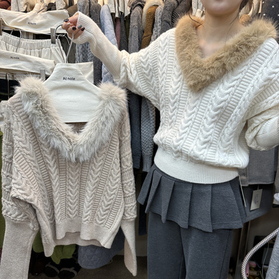 AT fashion法式慵懒蝙蝠袖V领毛领针织衫女秋冬宽松气质高级毛衣