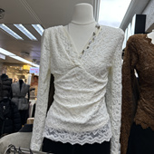 ER625秋冬新款 纯欲网纱V领蕾丝加绒长袖 BAI 打底衫 女保暖上衣