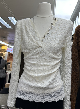 BAI NI ER625秋冬新款纯欲网纱V领蕾丝加绒长袖打底衫女保暖上衣