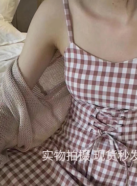 FST2025夏法式格子吊带裙女高腰显瘦短款连衣裙度假海边甜美网红