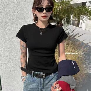 T恤女2026春夏弹力上衣 显瘦纸片人短袖 元 熙6068字母辣妹正肩修身