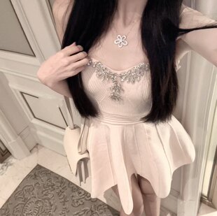 LXYG法式千金重工闪钻高级感抹胸连衣裙女针织收腰纯欲名媛公主裙