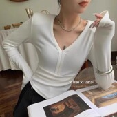 XI元 打底衫 熙6080春韩版 显瘦V领垫肩百搭长袖 女内搭上衣 修身 YUAN