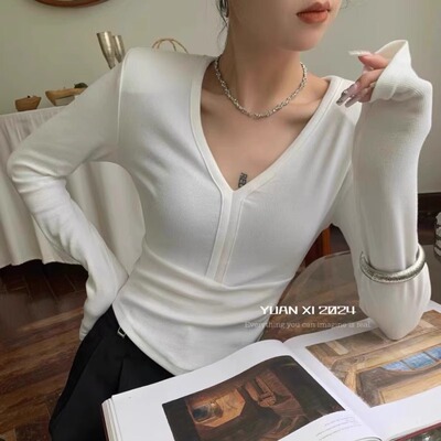 YUAN XI元熙6080春韩版修身显瘦V领垫肩百搭长袖打底衫女内搭上衣