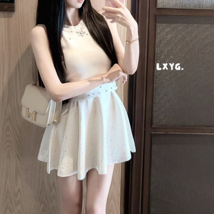 LXYG重工钉珠烫钻挂脖无袖背心针织短裙半身裙修身显瘦两件套装夏