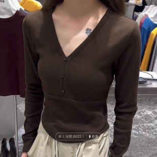 XI元 T恤打底衫 熙6080 显瘦长袖 1秋设计感V领纽扣螺纹棉修身 YUAN