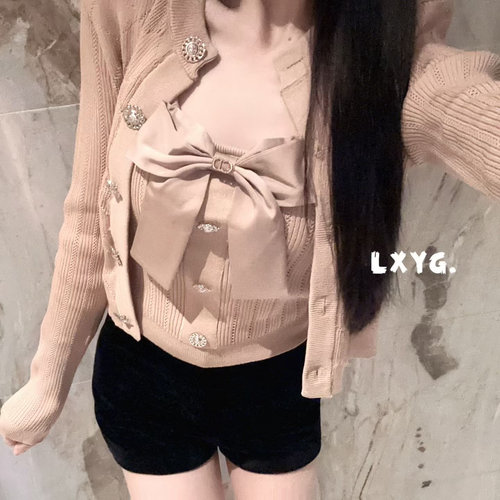 LXYG秋新款气质名媛纯欲蝴蝶结针织背心开衫两件套长袖显瘦外套女