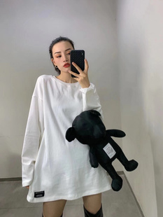 打底衫 元 中长款 T恤女宽松大码 2025秋 熙A8050加绒磨毛白色贴标长袖