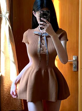 LXYG夏新款学院风POLO领蝴蝶结小个子连衣裙女修身显瘦针织花苞裙