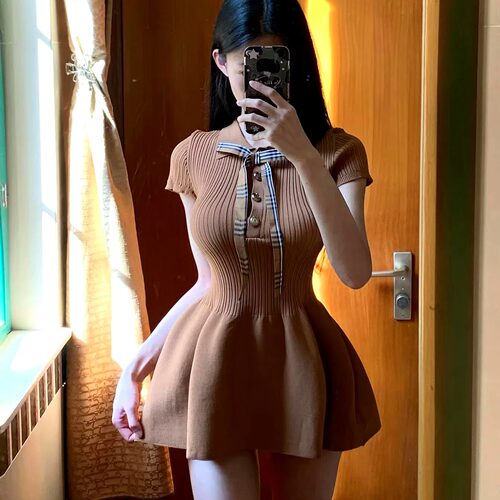 LXYG夏新款学院风POLO领蝴蝶结小个子连衣裙女修身显瘦针织花苞裙