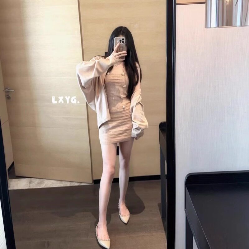 LXYG法式千金小香风针织蝙蝠袖开衫上衣吊带连衣裙两件套包臀裙