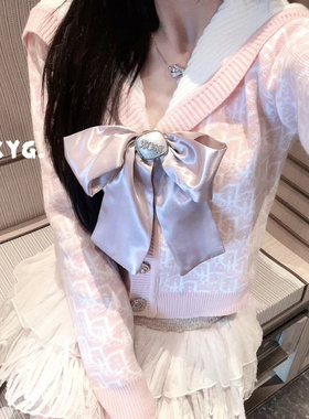 LXYG蝴蝶结海军领字母提花长袖针织开衫女秋冬新款显瘦别致毛上衣