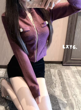 LXYG2025秋新款小香风气质轻奢拉链长袖针织衫修身显瘦毛衣外套女