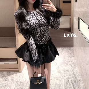 轻奢老钱风字母印花鸵鸟毛长袖针织开衫女LXYG秋修身显瘦短款外套